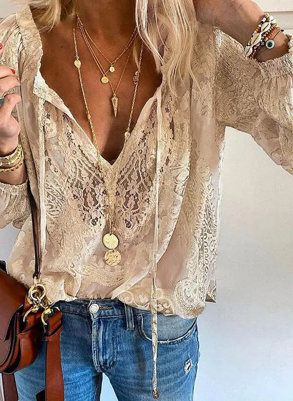 Simone Bohemian V-Neck Blouse in Khaki, view 5