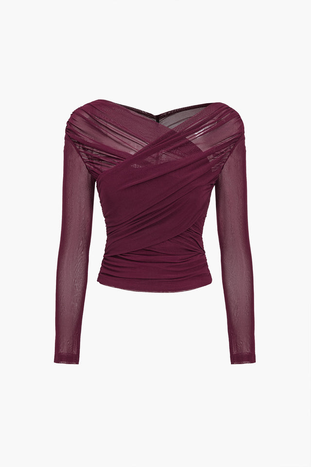 Théa Ruched Mesh Top in Burgundy, view 1