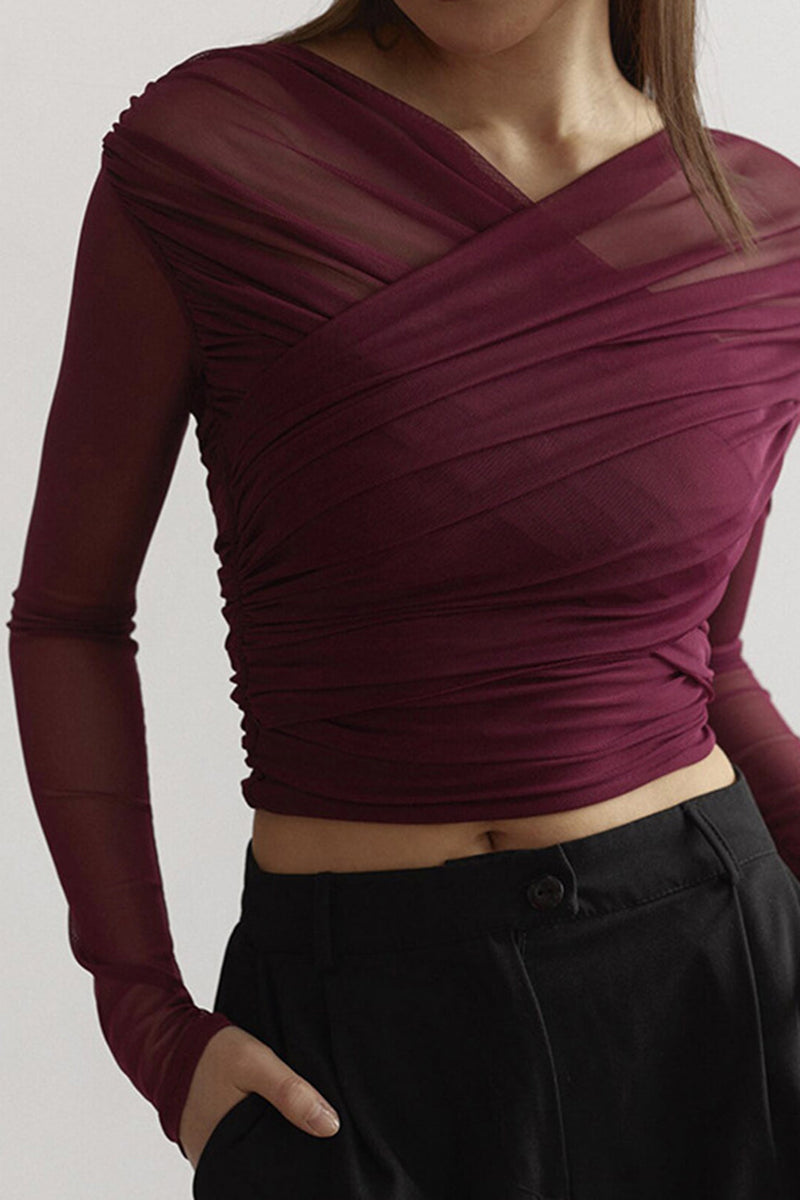 Théa Ruched Mesh Top in Burgundy, view 2