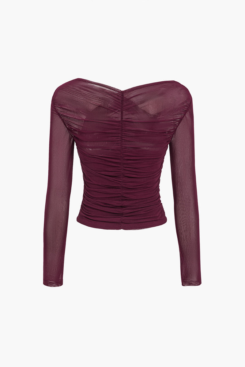 Théa Ruched Mesh Top in Burgundy, view 4