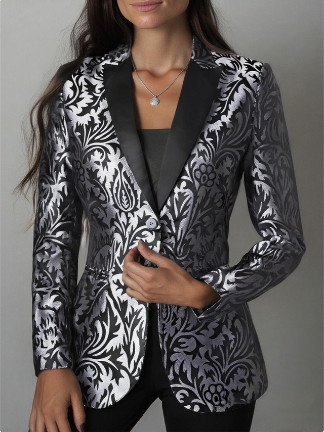 Amélie Black Jacquard Tuxedo Blazer with Satin Lapel in Black, view 1