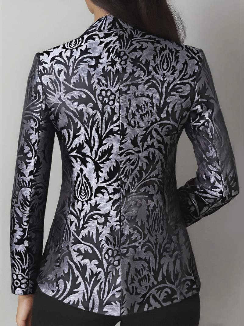 Amélie Black Jacquard Tuxedo Blazer with Satin Lapel in Black, view 2
