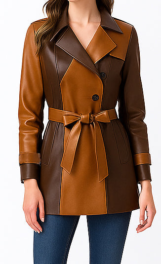 Delphine Belted Faux Leather Coat in Tan and Brown, view 1
