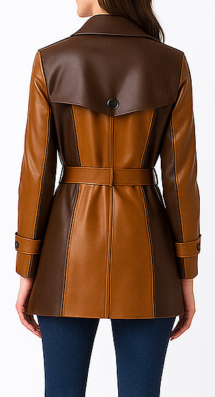 Delphine Belted Faux Leather Coat in Tan and Brown, view 2